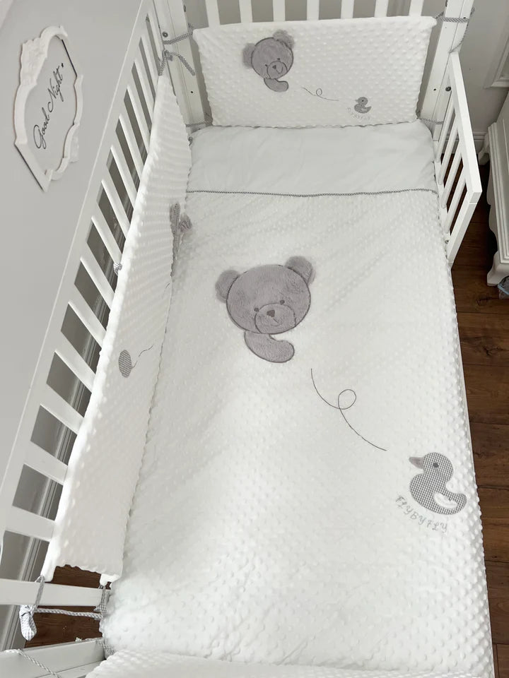 Popo Bear & Duck Dotted 4 PCS Crib Bumper Set - White & Grey