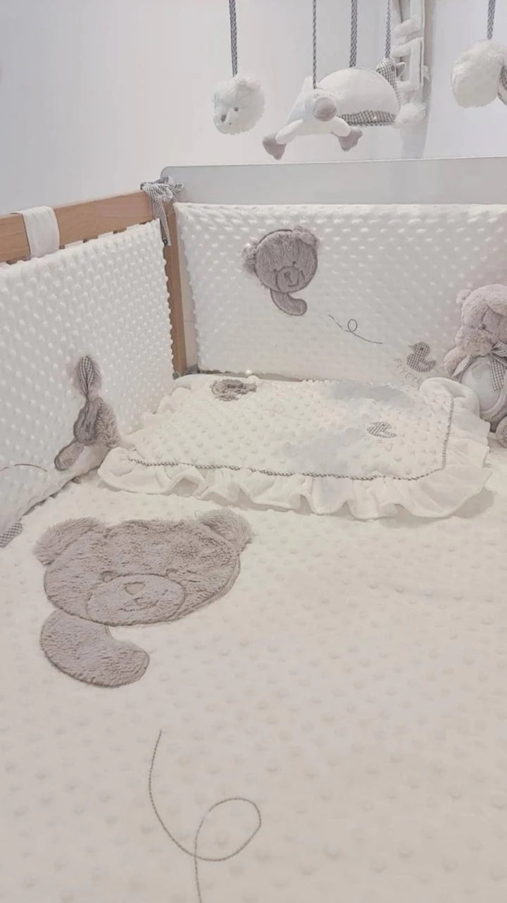 Popo Bear & Duck Dotted 4 PCS Crib Bumper Set - White & Grey